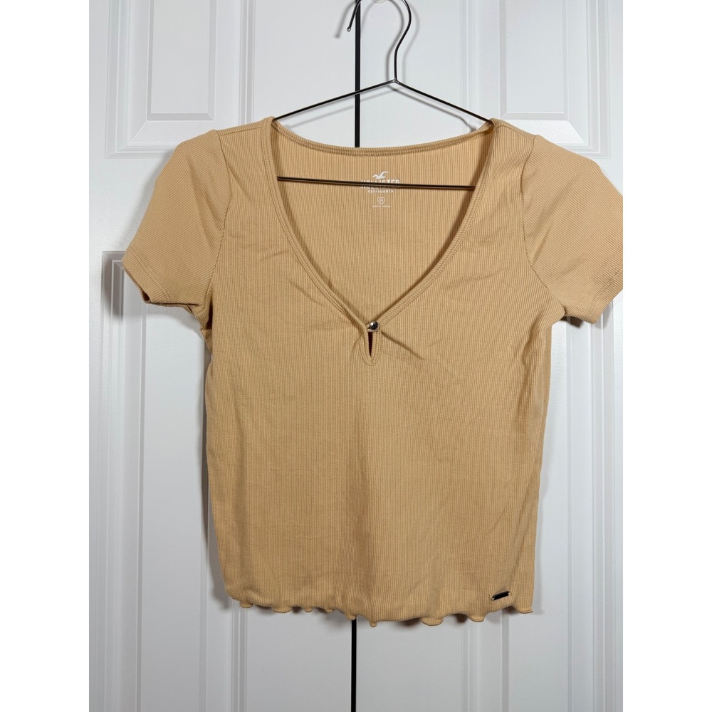 Hollister Women Tan Ribbed V-Neck Short Sleeve Lettuce Hem crop Top Medium